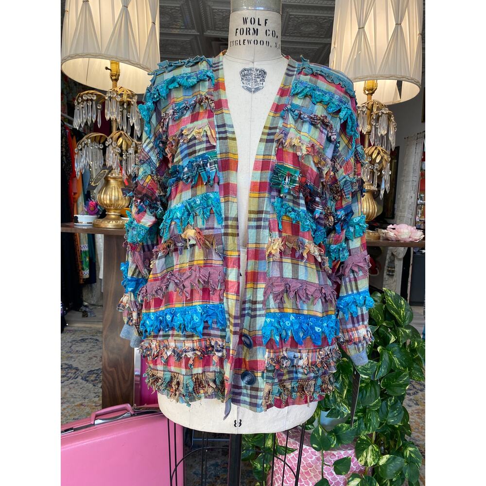 vintage 1990s Paula Sweet plaid fringe oversized rag jacket